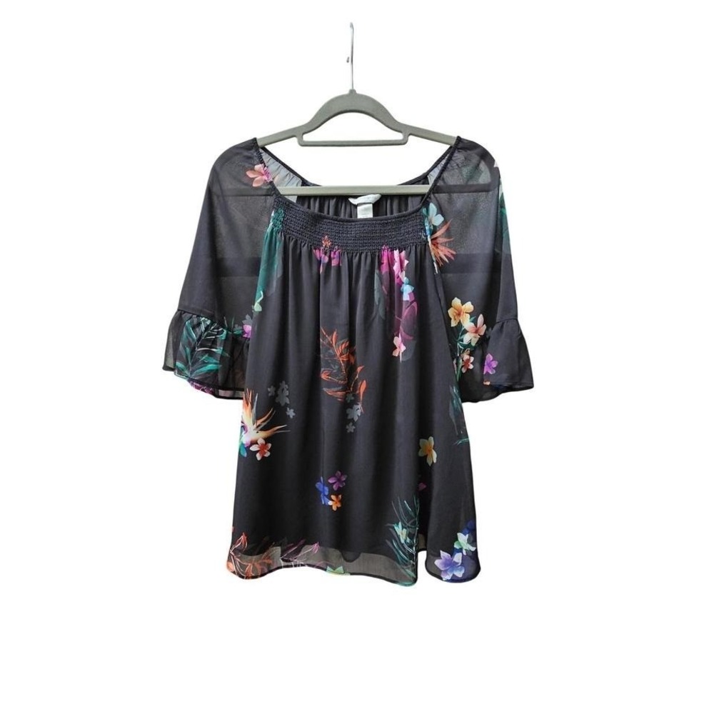 Boho Christopher & Banks Black Floral Sheer Blouse Women's Size S